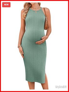 Maternity Dress Rib Knit Side Slit Stretchy Bodycon Halter Neck Sleeveless